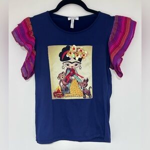 Izza Embellished Frida Navy Ruffled Sleeve T-shirt Size XS/S